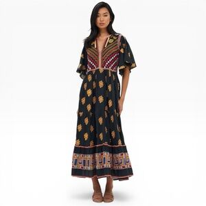 NWT Oliphant Black Lucknow Floral Embroidered Applique Flirty Maxi Dress Size S